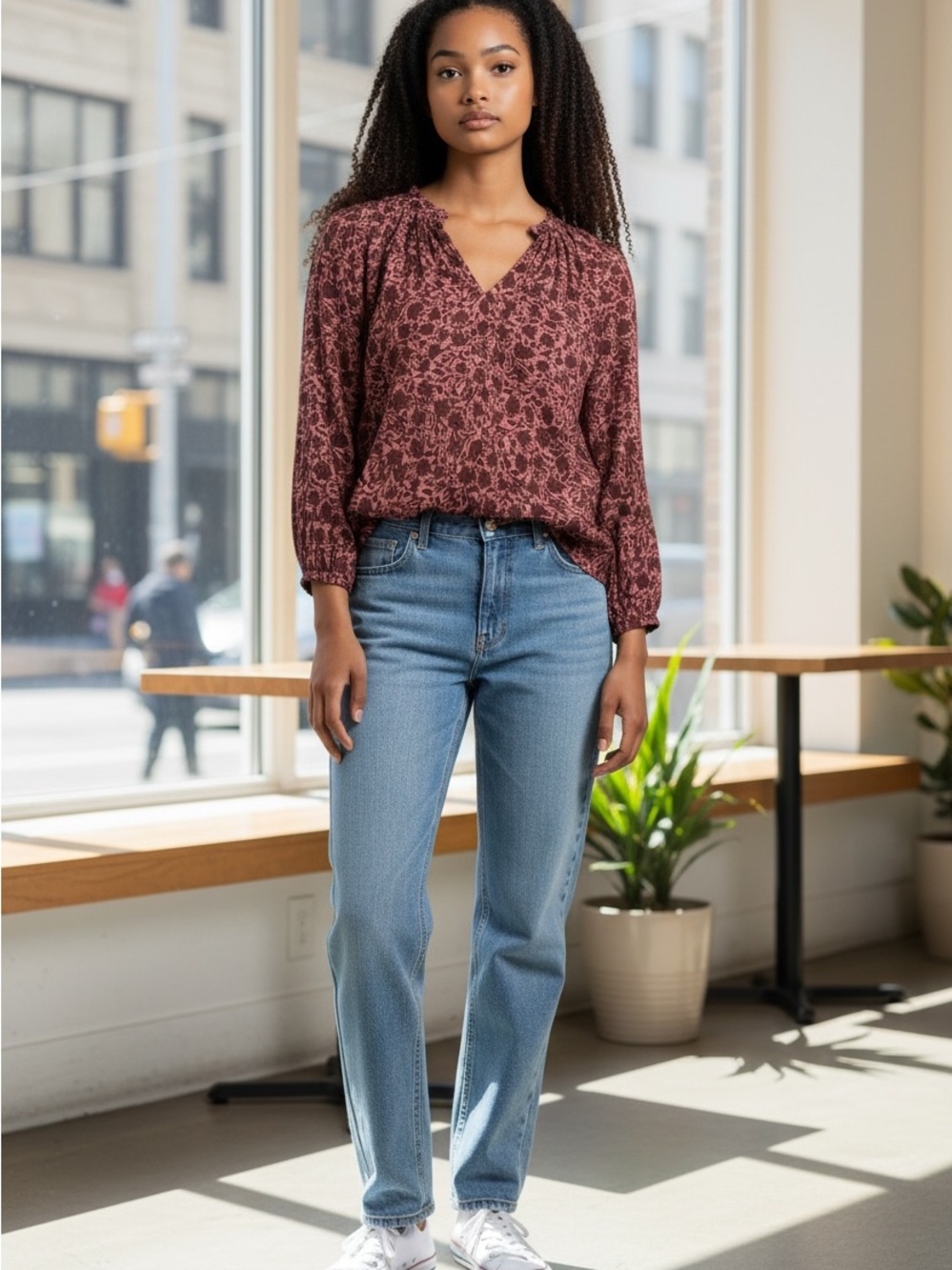 Faherty Burgundy Peasant Floral V-Neck Blouse